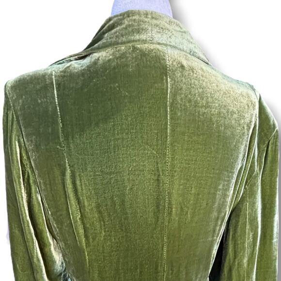 Vintage 90s Olive Green Silk Velvet Wrap Coat Belted Duster Jacket Luxe Layer - Picture 5 of 8